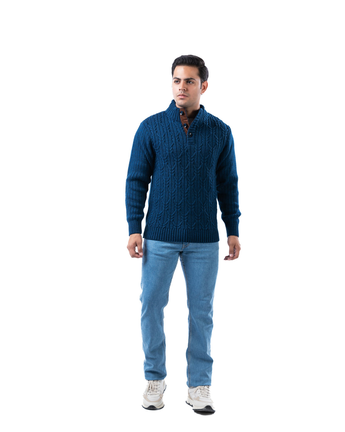 Men’s Dark Blue Self-Design Acrowool Sweater with Half Button Placket