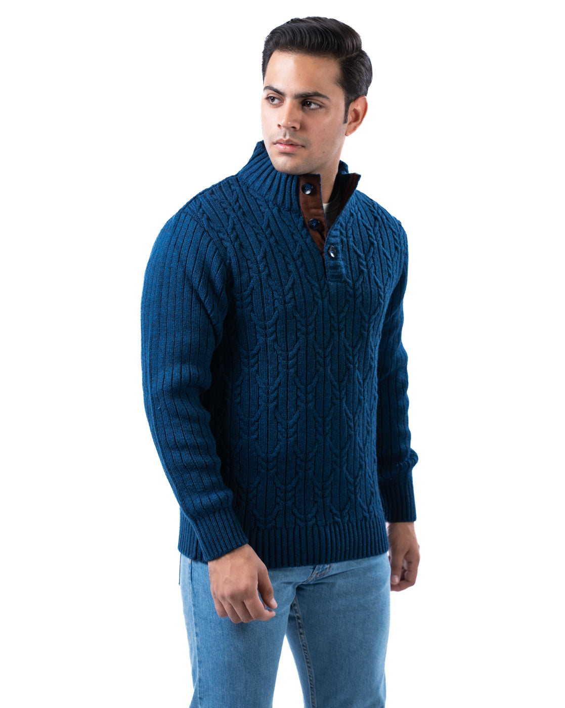 Men’s Dark Blue Self-Design Acrowool Sweater with Half Button Placket