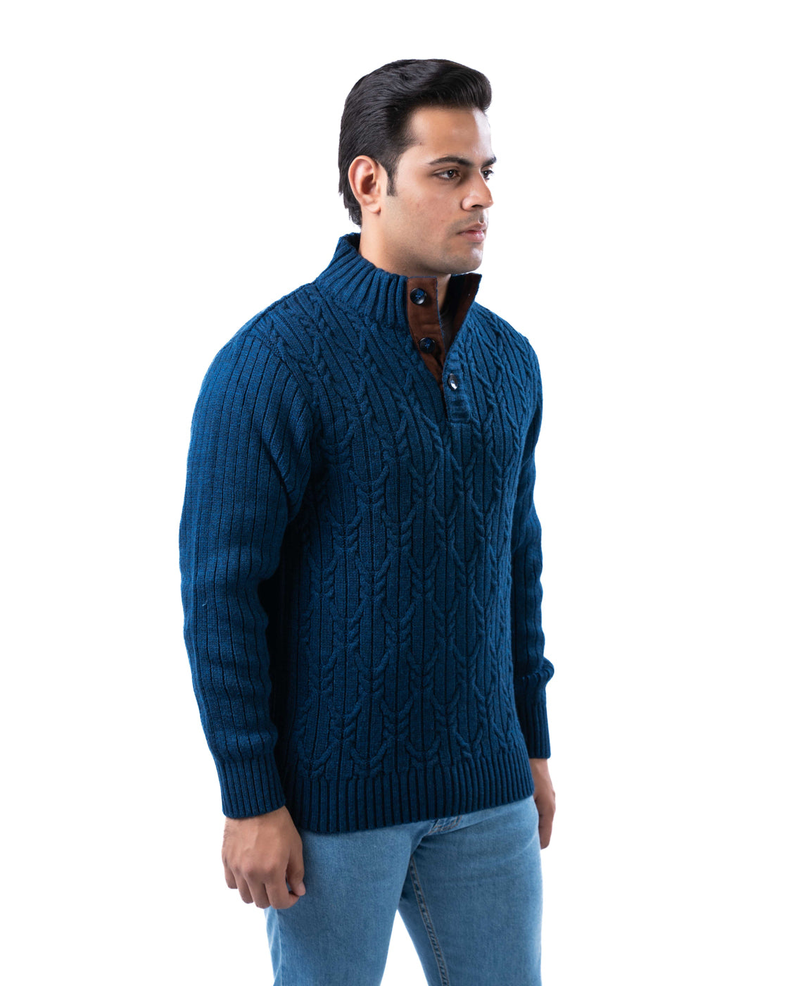 Men’s Dark Blue Self-Design Acrowool Sweater with Half Button Placket