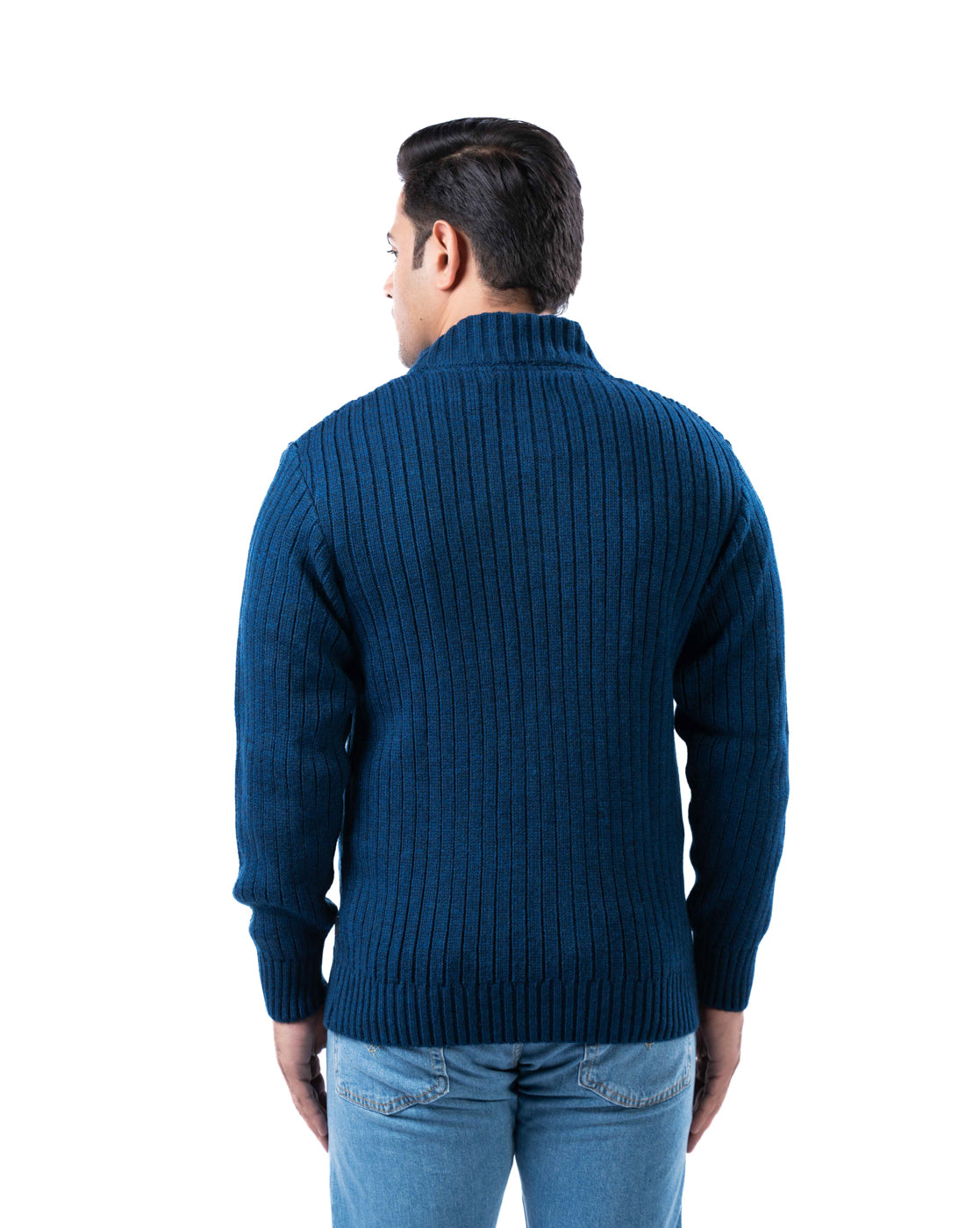 Men’s Dark Blue Self-Design Acrowool Sweater with Half Button Placket