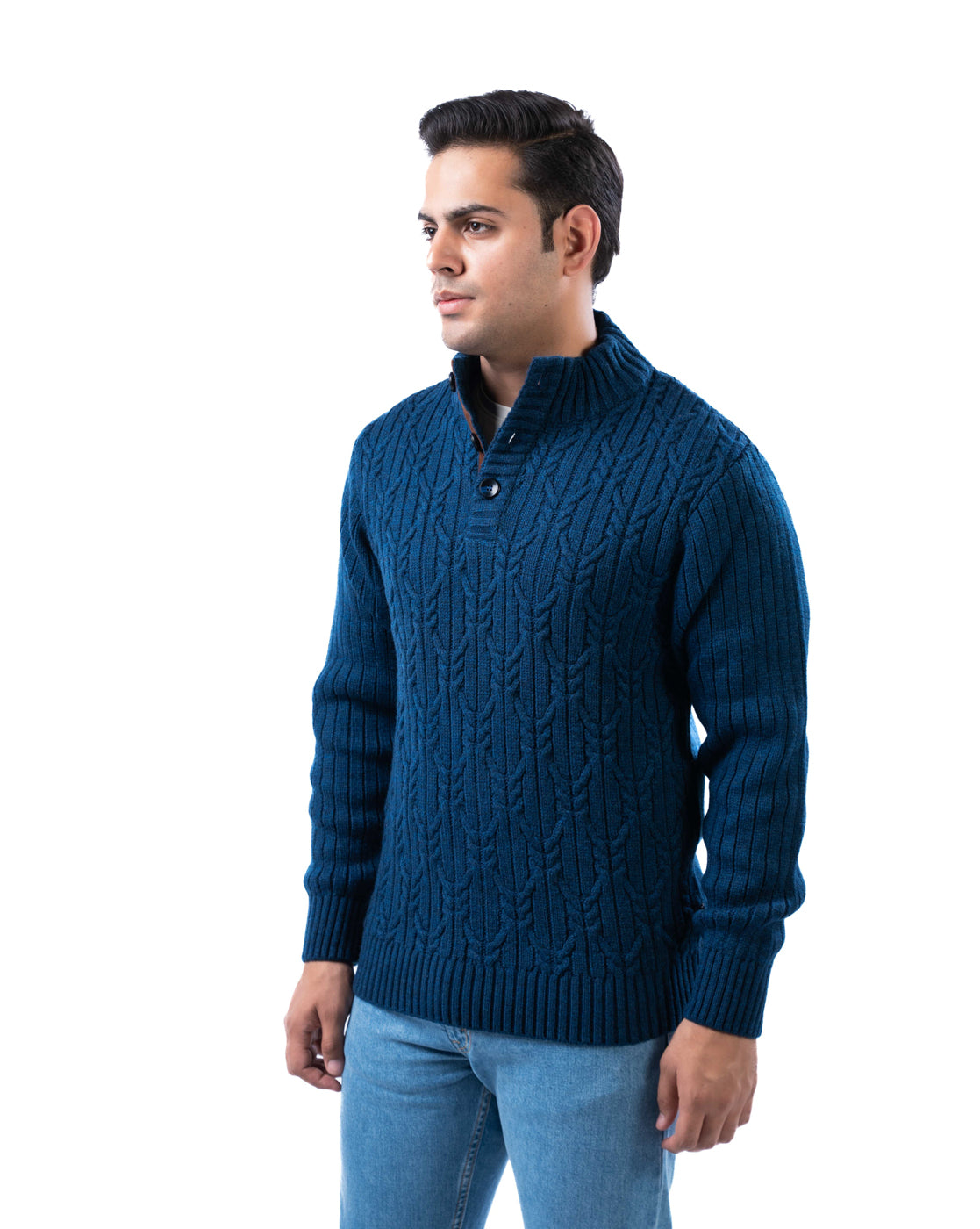 Men’s Dark Blue Self-Design Acrowool Sweater with Half Button Placket