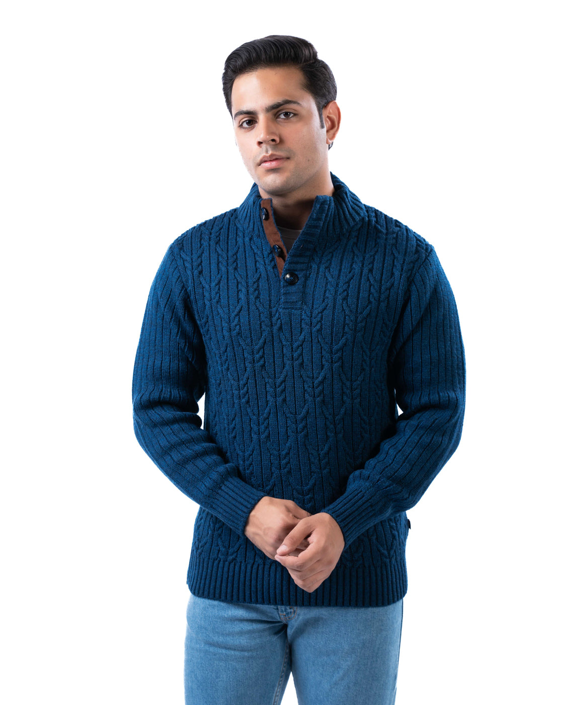 Men’s Dark Blue Self-Design Acrowool Sweater with Half Button Placket