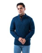 Men’s Dark Blue Self-Design Acrowool Sweater with Half Button Placket