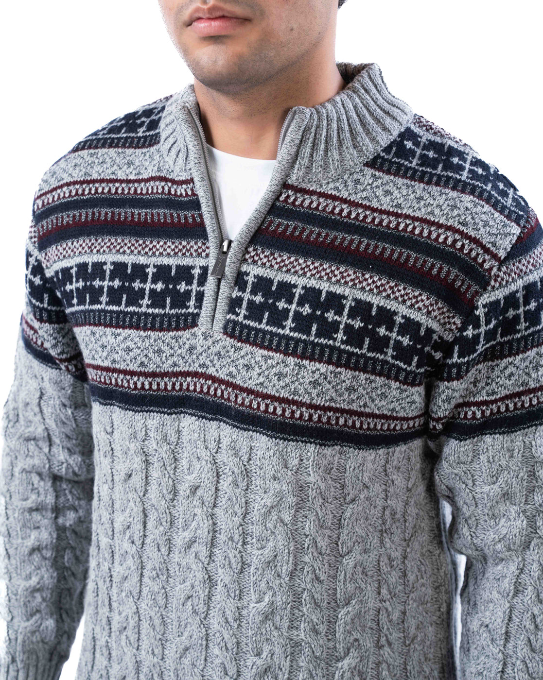 Men’s Grey Aztec Acrowool T-Neck Sweater with Half Zip