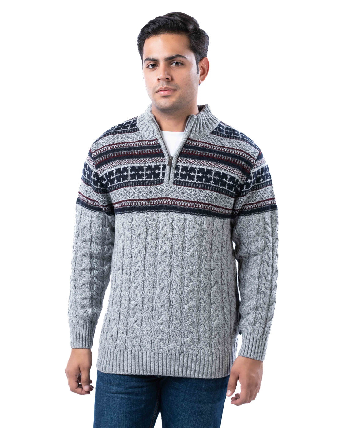 Men’s Grey Aztec Acrowool T-Neck Sweater with Half Zip