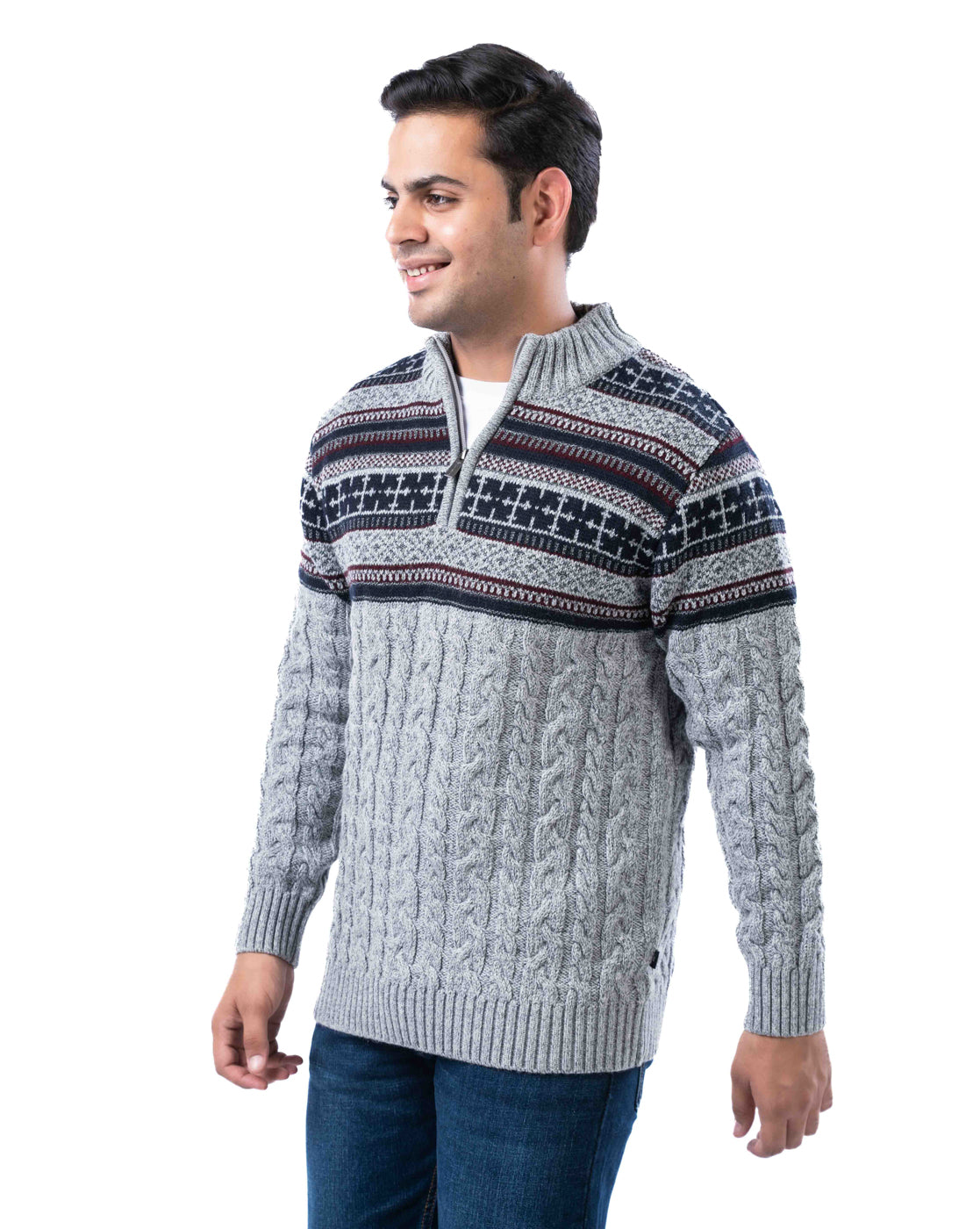 Men’s Grey Aztec Acrowool T-Neck Sweater with Half Zip