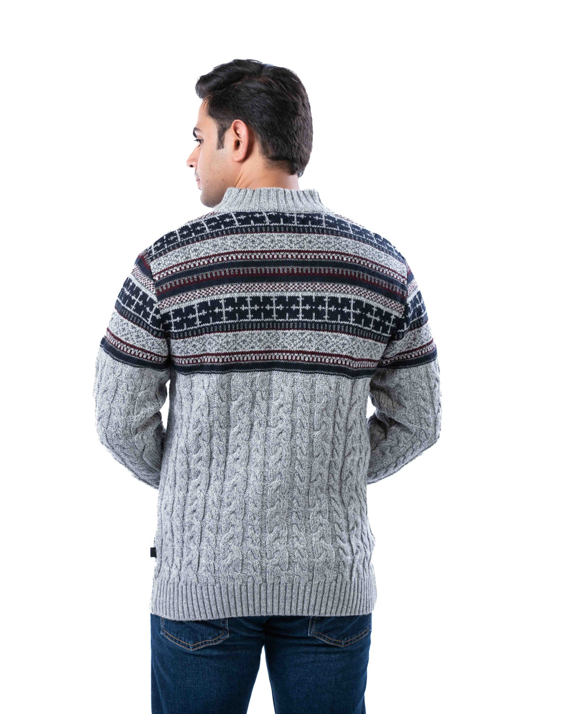 Men’s Grey Aztec Acrowool T-Neck Sweater with Half Zip