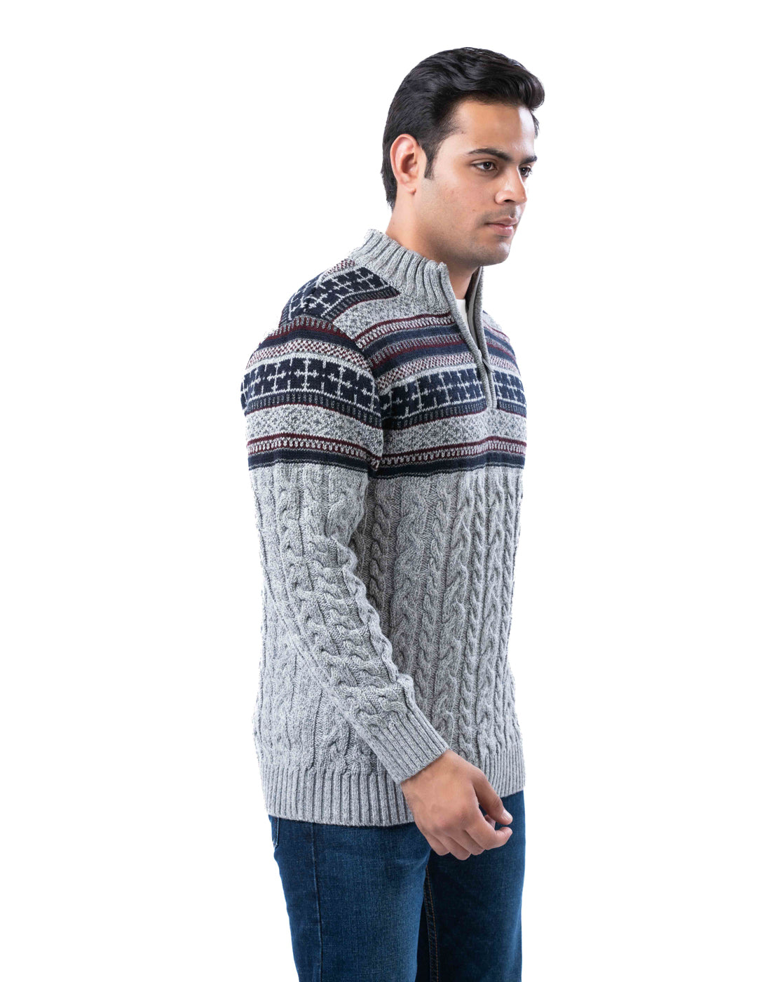 Men’s Grey Aztec Acrowool T-Neck Sweater with Half Zip