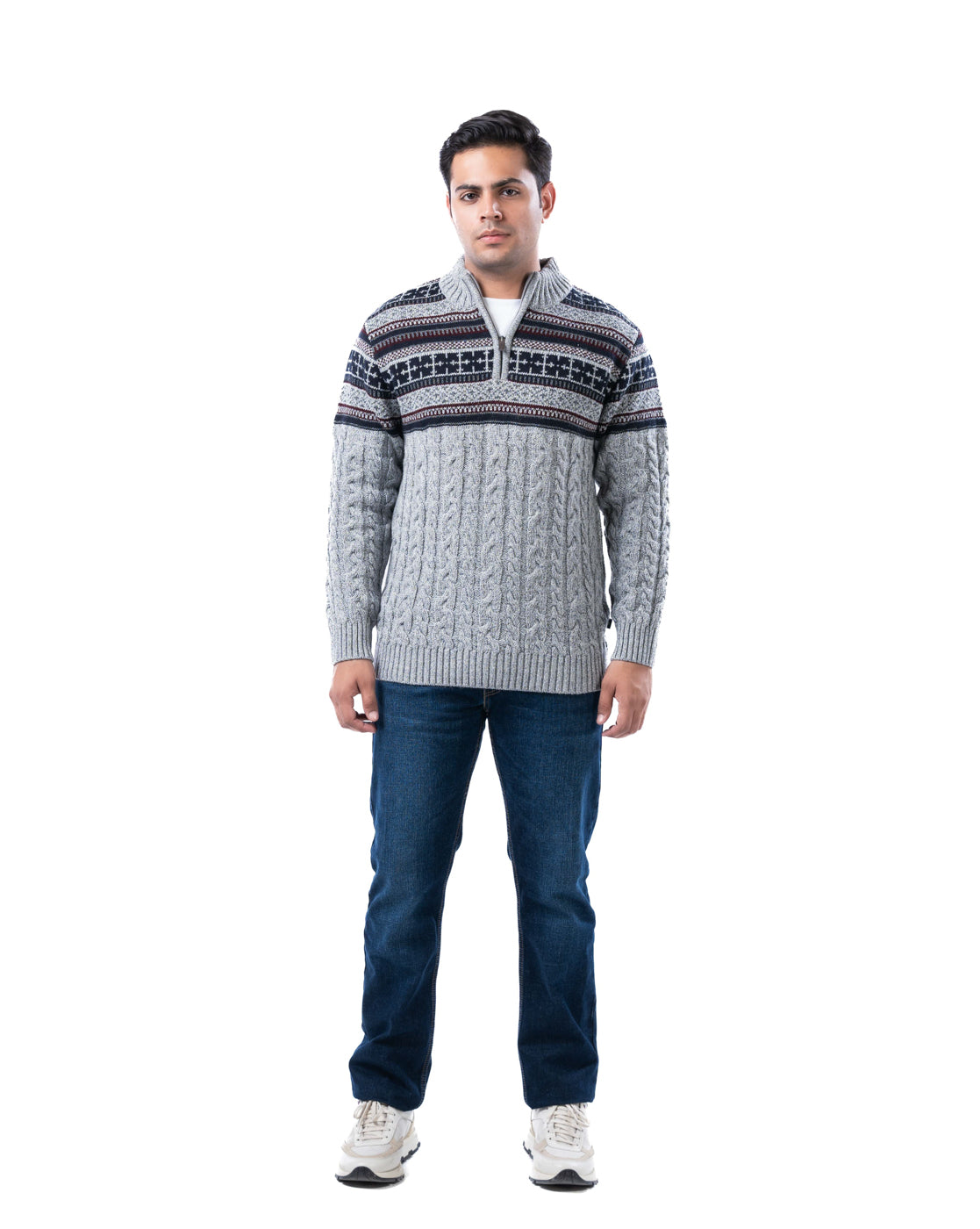 Men’s Grey Aztec Acrowool T-Neck Sweater with Half Zip