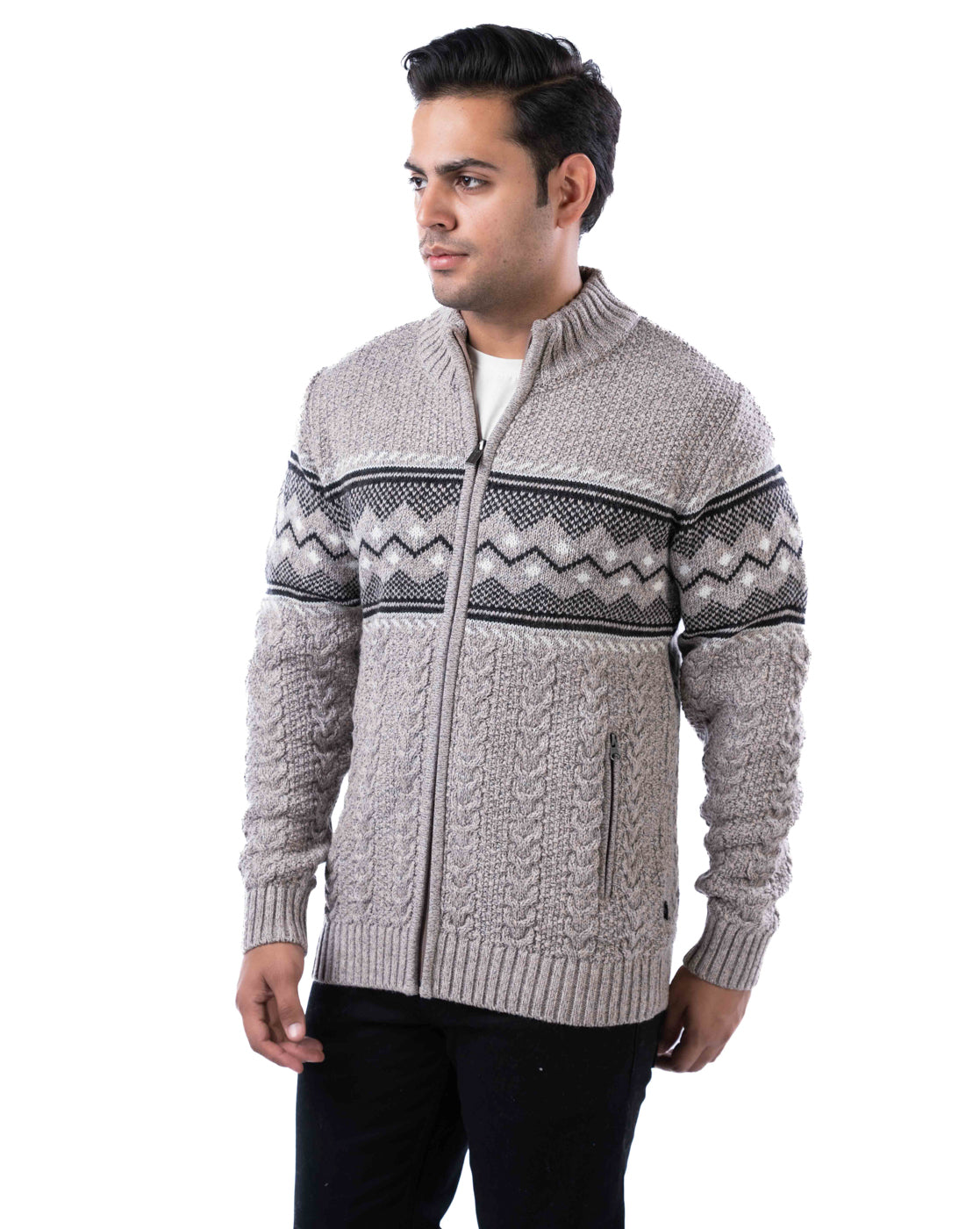 Men’s Light Beige Blended Yarn Zipper Cardigan with Branded Pullers