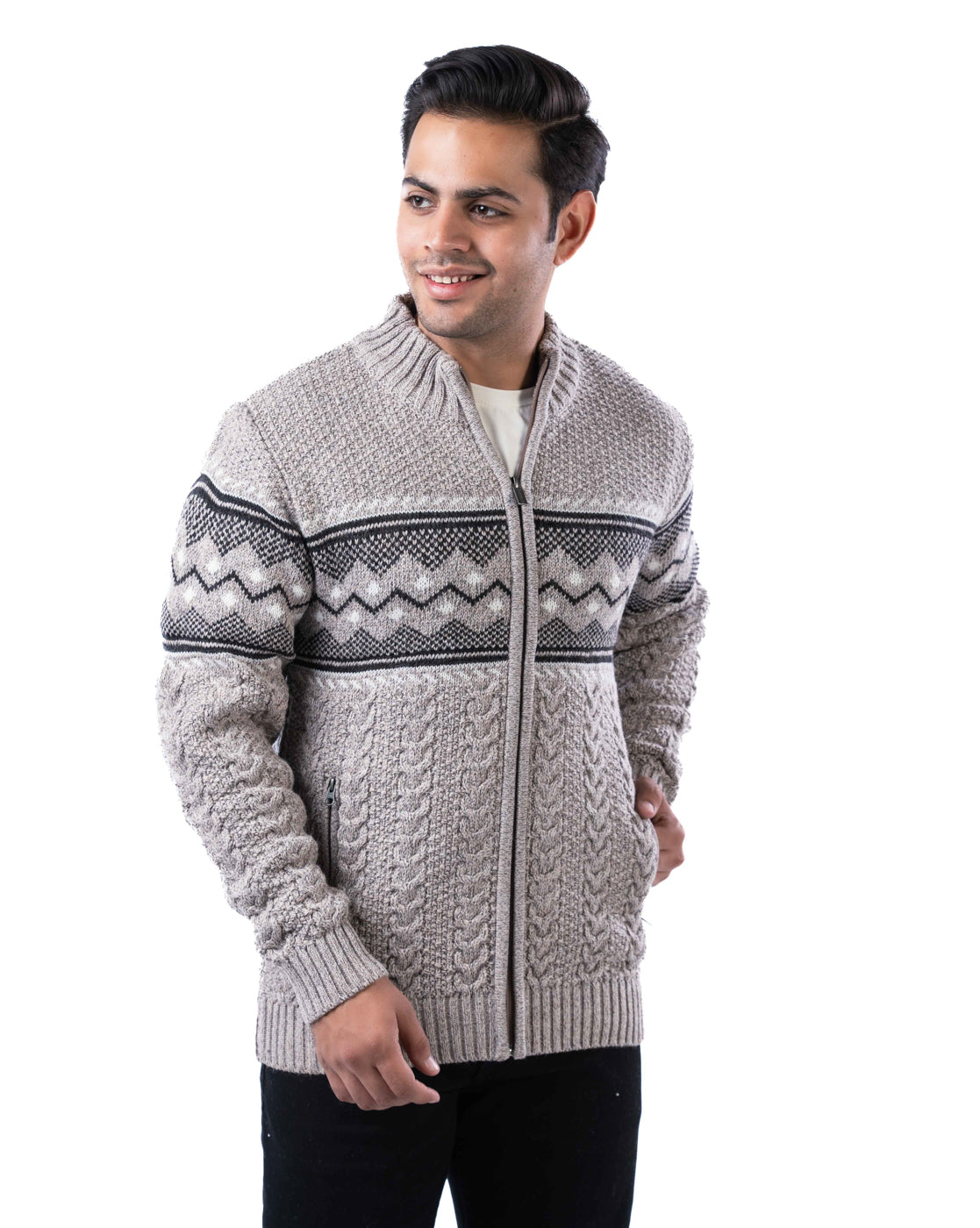 Men’s Light Beige Blended Yarn Zipper Cardigan with Branded Pullers