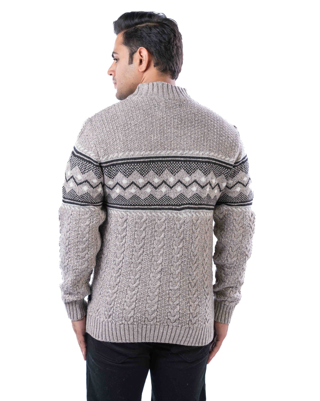 Men’s Light Beige Blended Yarn Zipper Cardigan with Branded Pullers