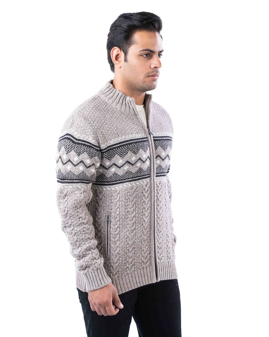 Men’s Light Beige Blended Yarn Zipper Cardigan with Branded Pullers