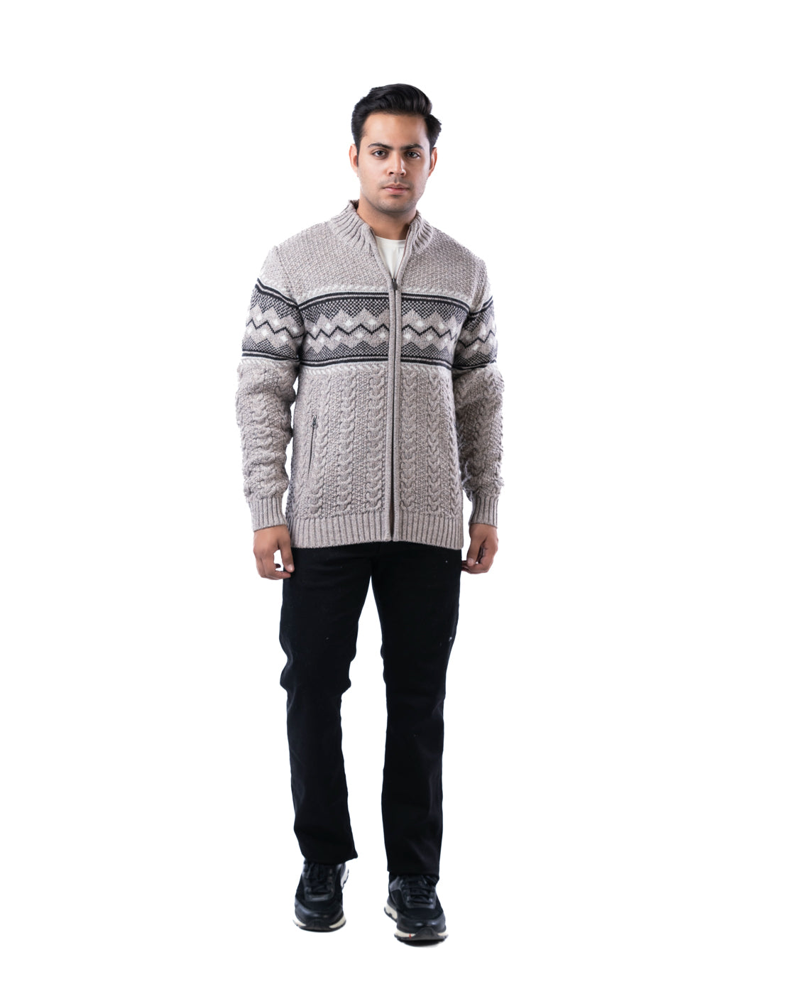 Men’s Light Beige Blended Yarn Zipper Cardigan with Branded Pullers