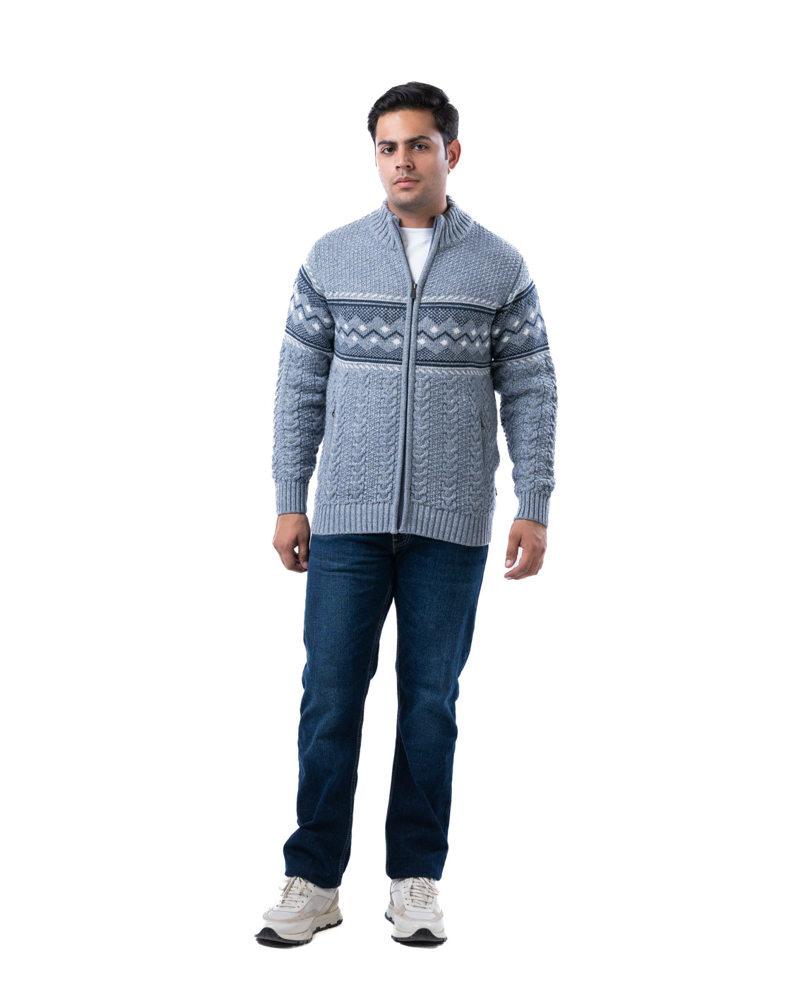 Men’s Light Grey Blended Yarn Zipper Cardigan with Branded Pullers