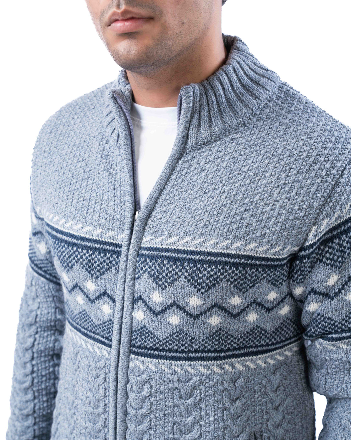 Men’s Light Grey Blended Yarn Zipper Cardigan with Branded Pullers