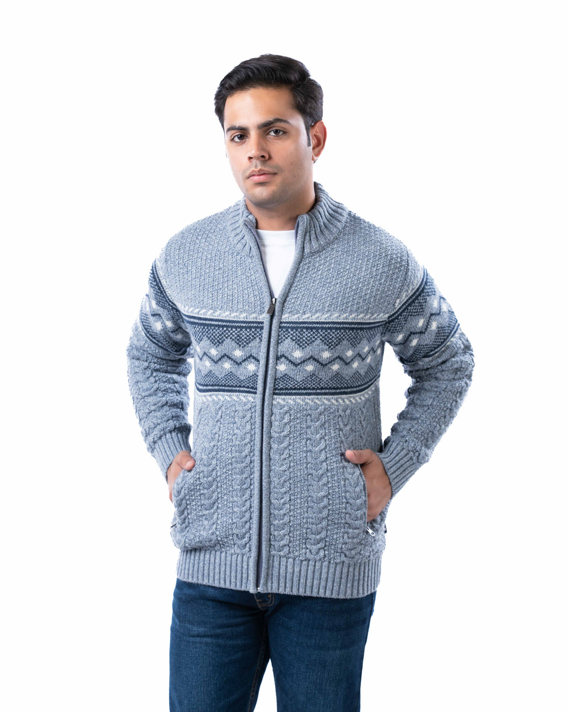 Men’s Light Grey Blended Yarn Zipper Cardigan with Branded Pullers