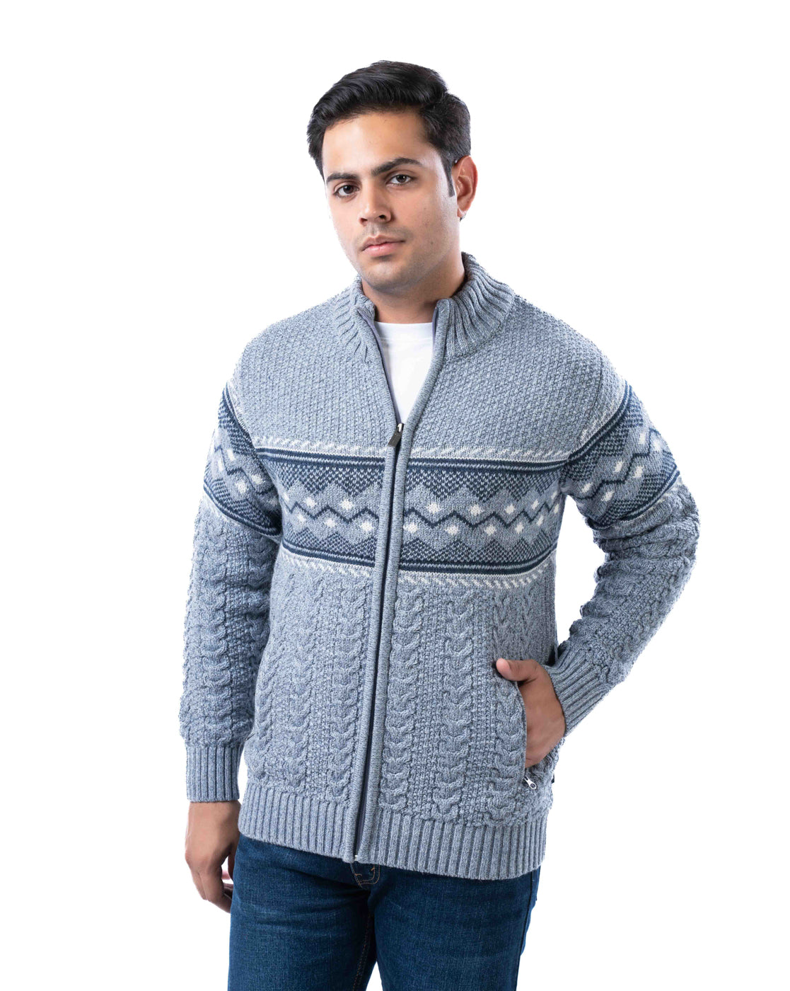 Men’s Light Grey Blended Yarn Zipper Cardigan with Branded Pullers