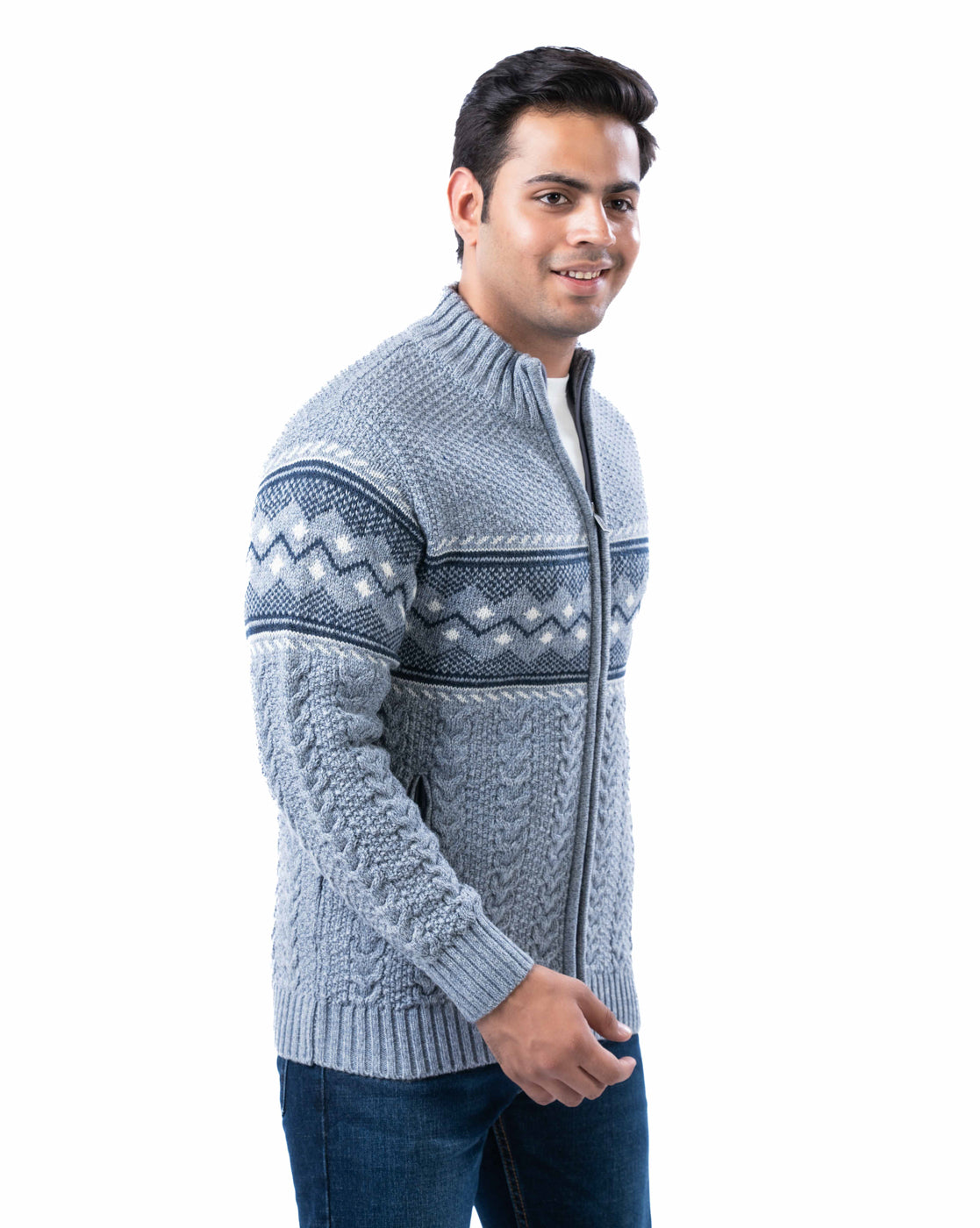 Men’s Light Grey Blended Yarn Zipper Cardigan with Branded Pullers