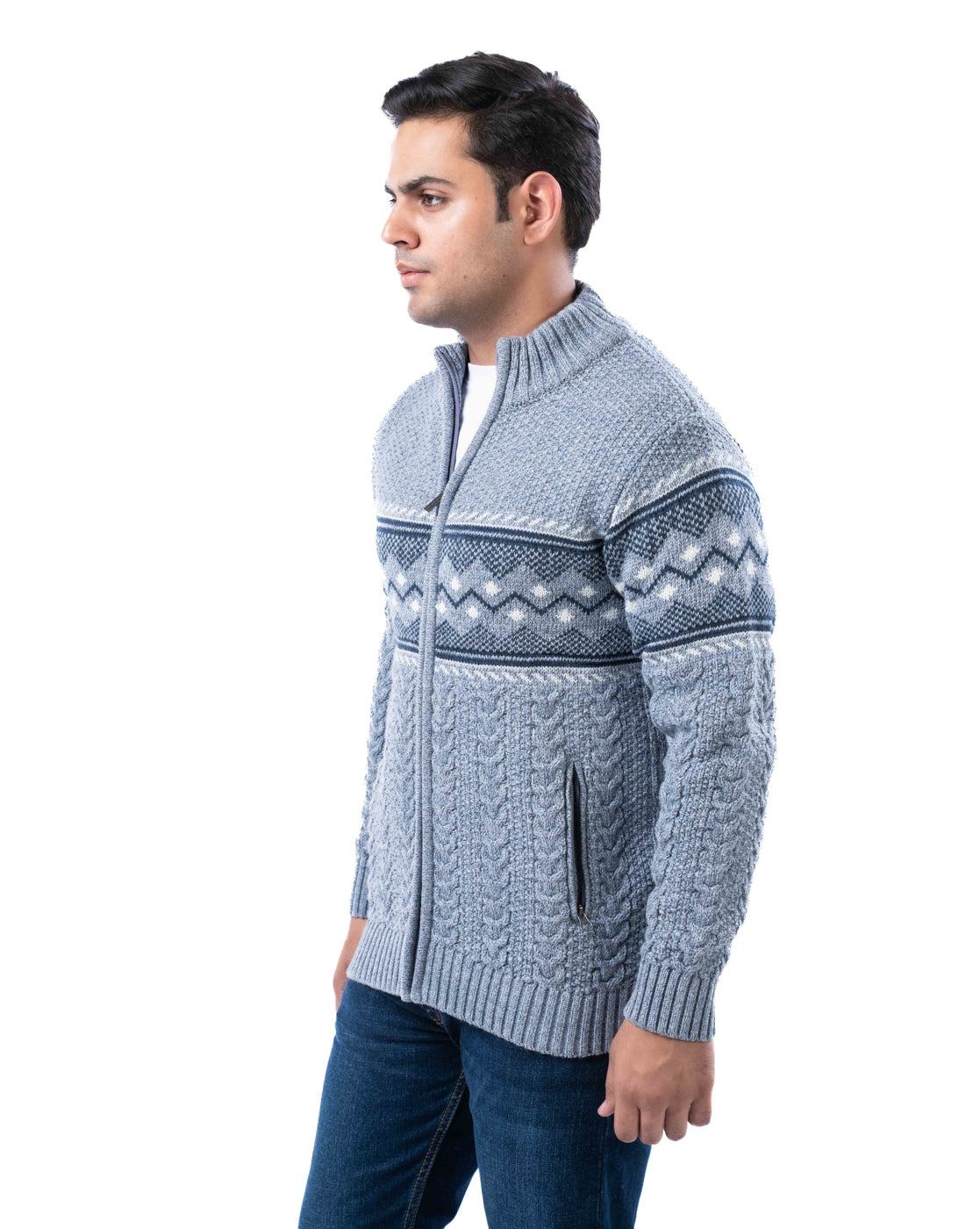 Men’s Light Grey Blended Yarn Zipper Cardigan with Branded Pullers