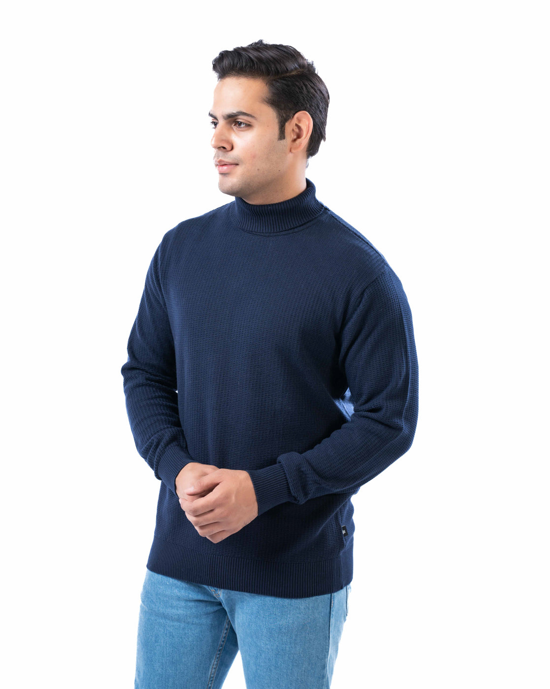 Men’s Navy Textured High Neck Cotton Sweater