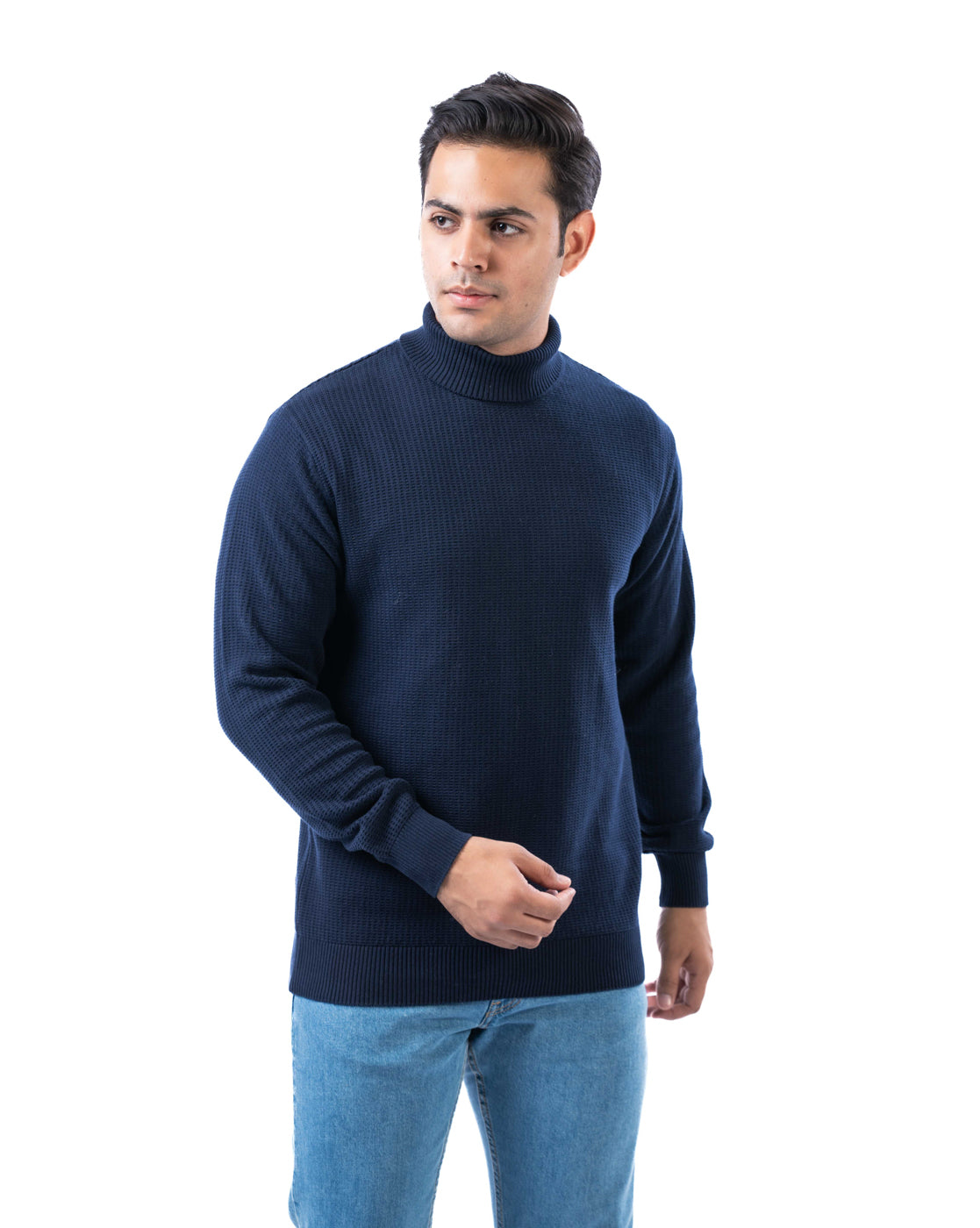 Men’s Navy Textured High Neck Cotton Sweater