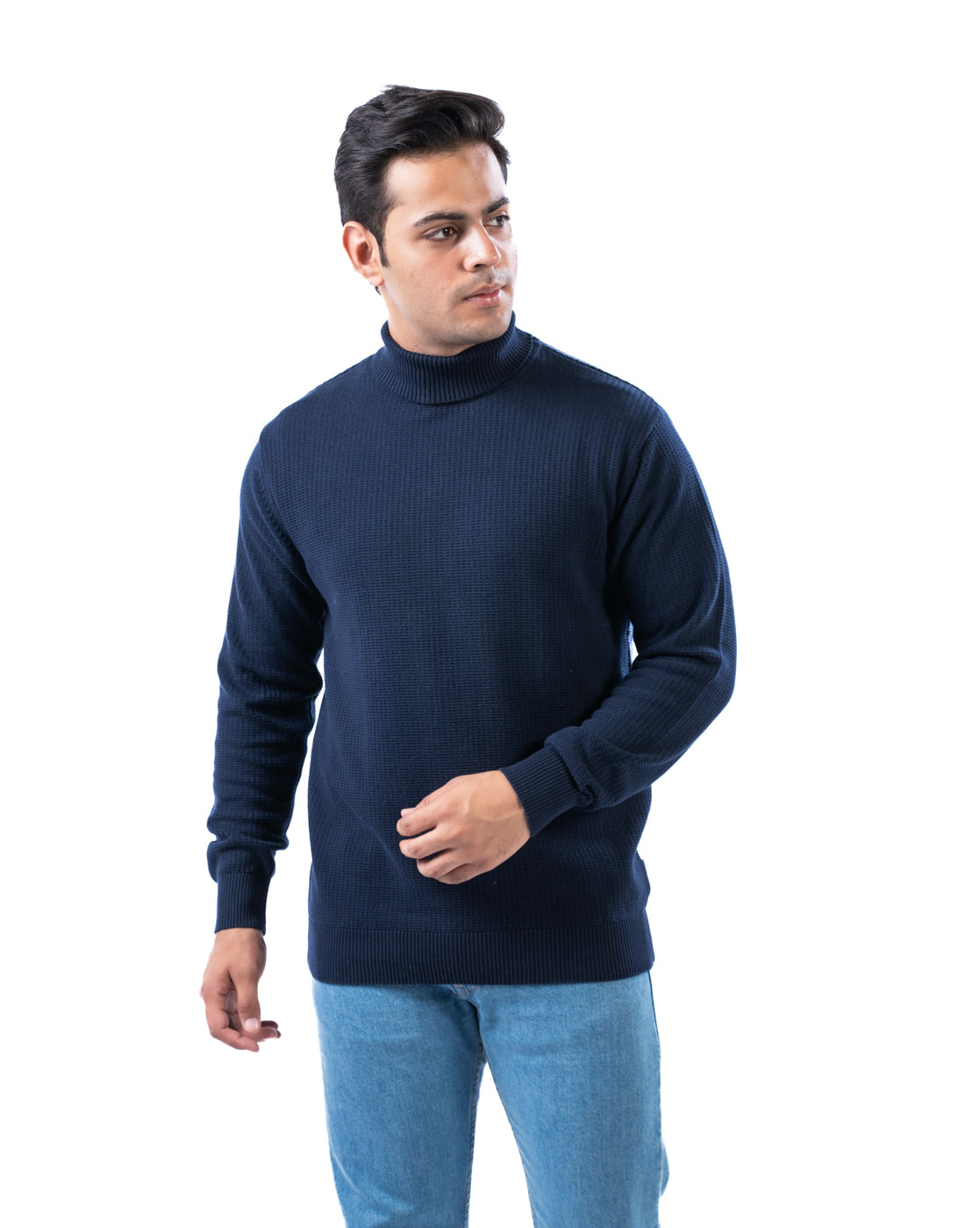Men’s Navy Textured High Neck Cotton Sweater