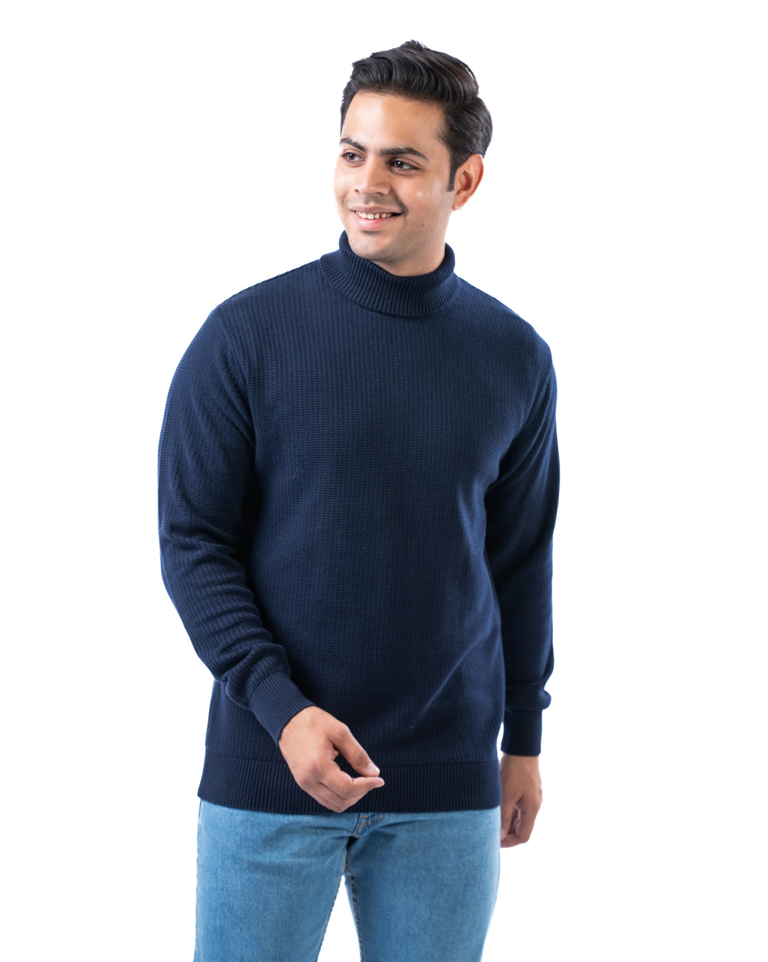 Men’s Navy Textured High Neck Cotton Sweater