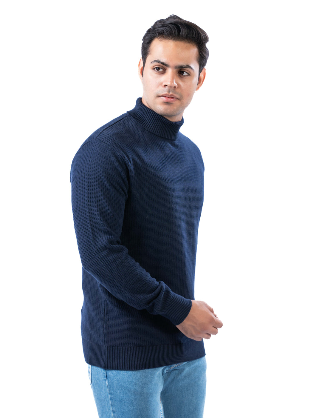 Men’s Navy Textured High Neck Cotton Sweater