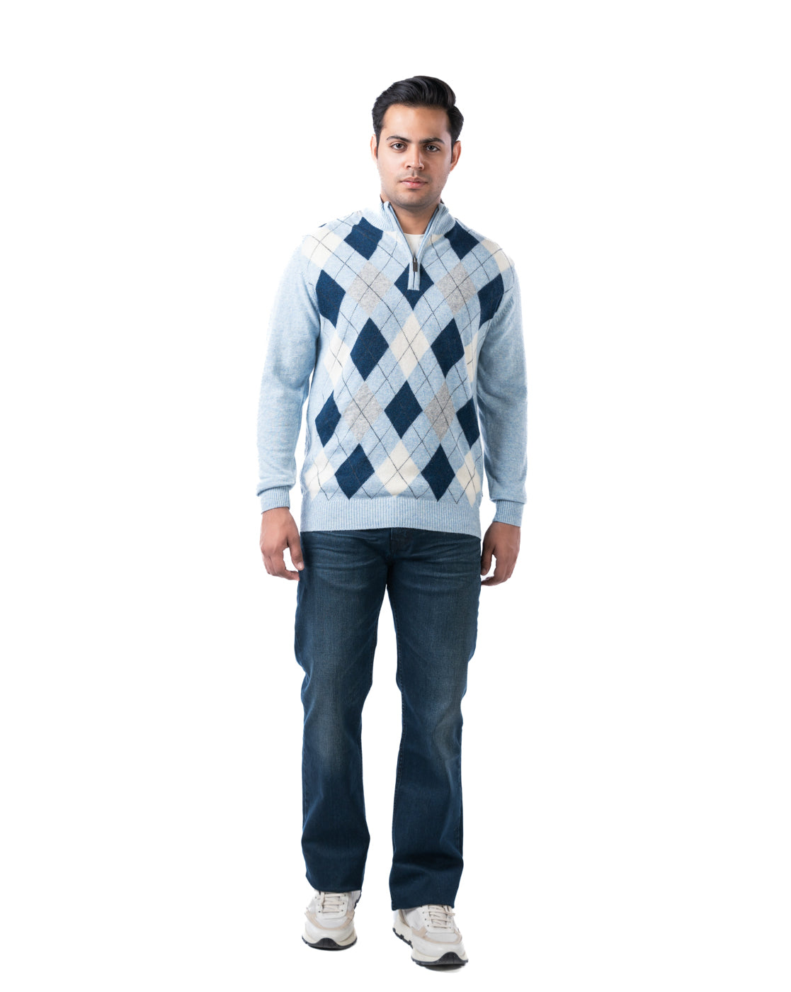 Men’s Aqua Argyle Knit Pashmina Pullover with T-Neck Zipper and Side Loop Label