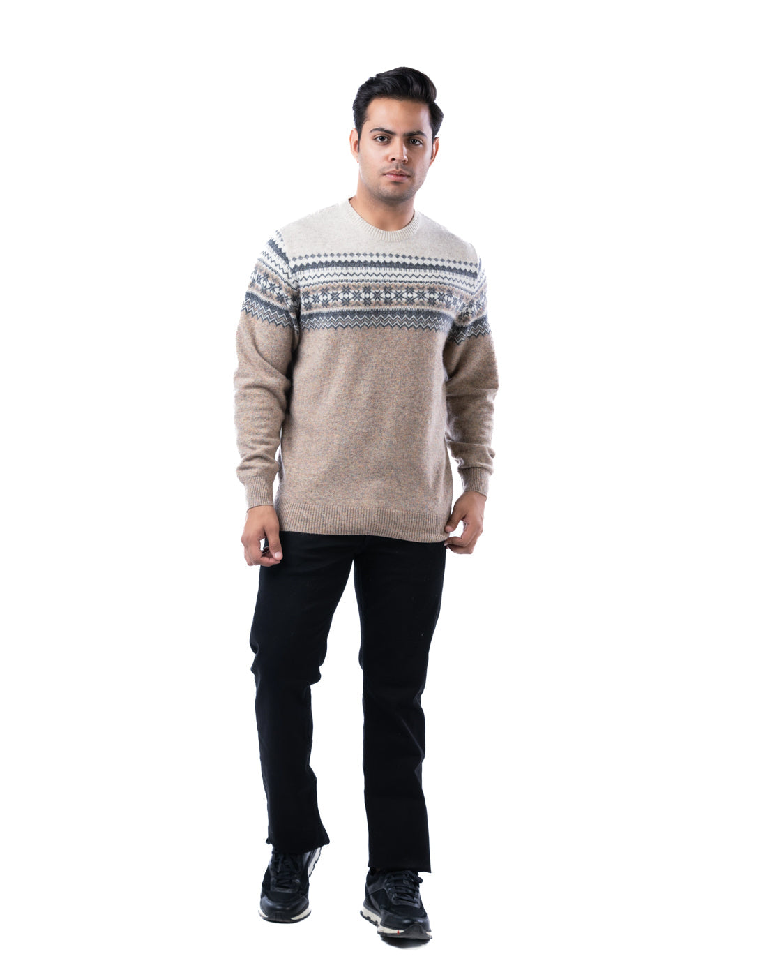 Men’s Beige Lambswool Aztec Pullover Sweater