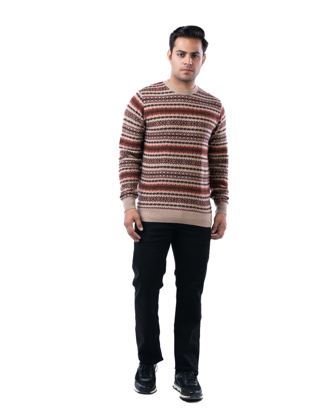 Men’s Beige Lambswool Aztec Pullover with Suede Elbow Patches