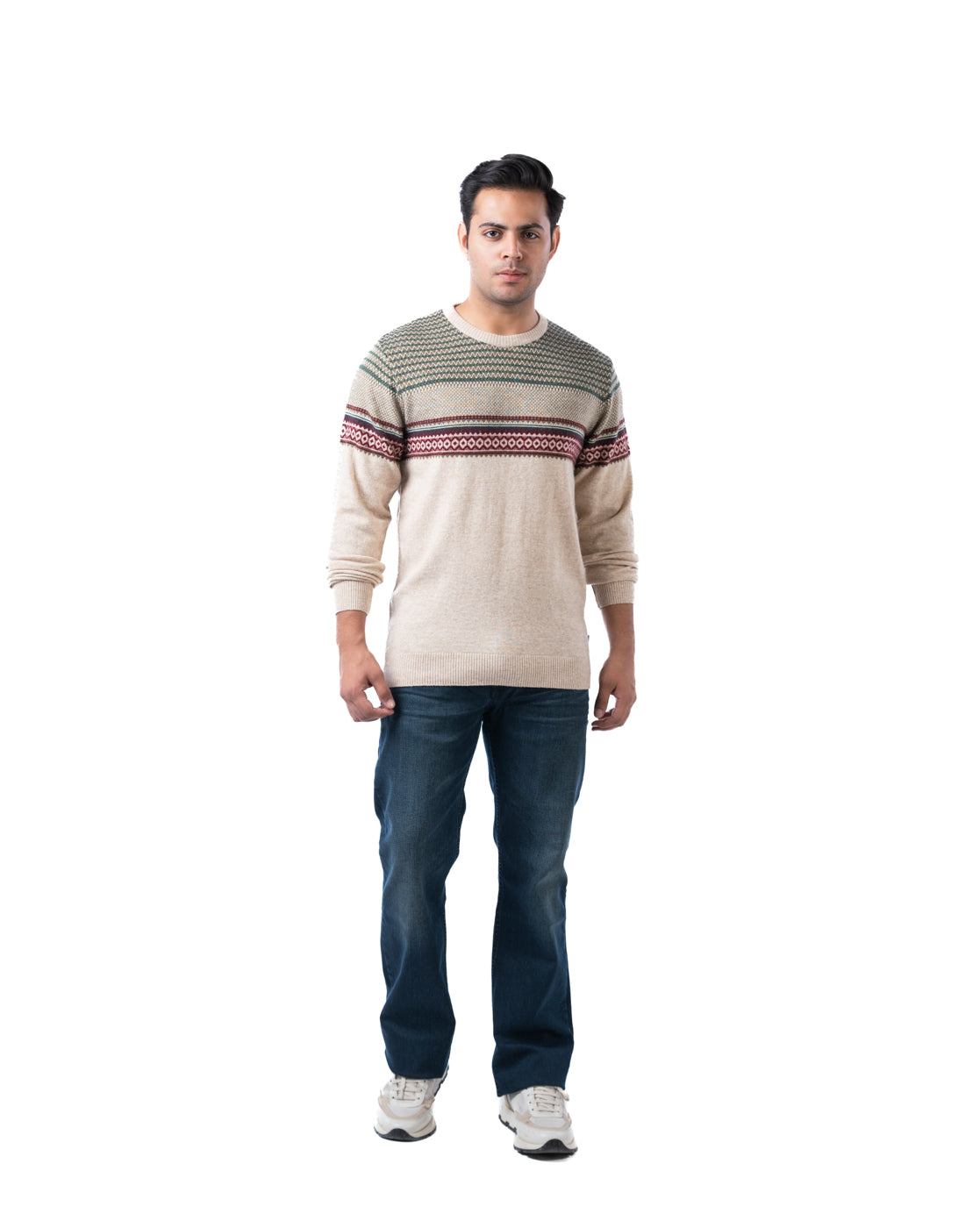 Men’s Beige Pashmina Aztec Knit Pullover with Wool Blend and Side Loop Label
