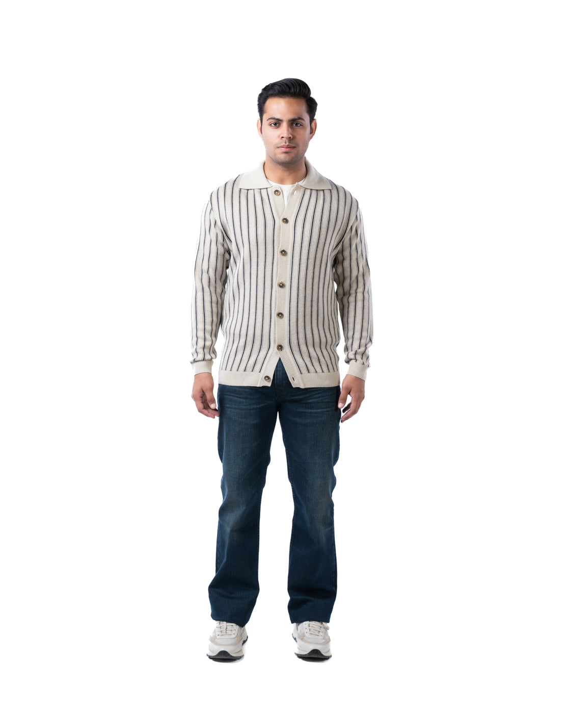 Men’s Beige Striped Acrowool Pullover with Buttoned Ribbed Placket