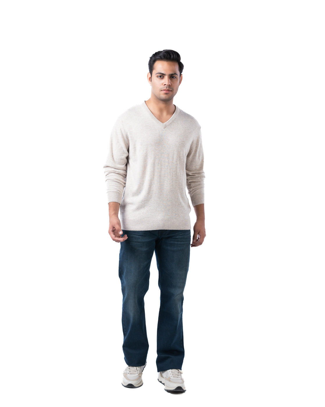 Men’s Beige V-Neck Acrylic Pullover