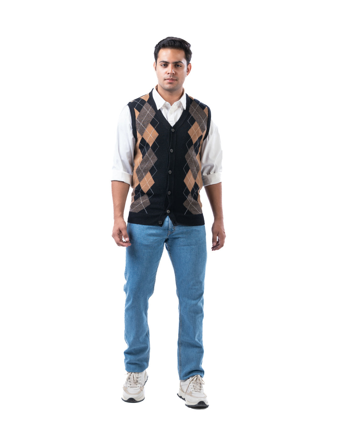 Men’s Black Lambswool V-Neck Sweater with Full Button Placket