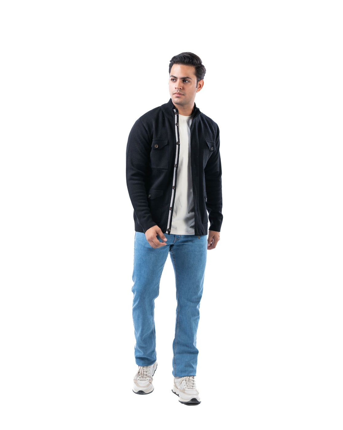Men’s Black Textured Acrowool Pullover with T-Neck & Chest Pocket