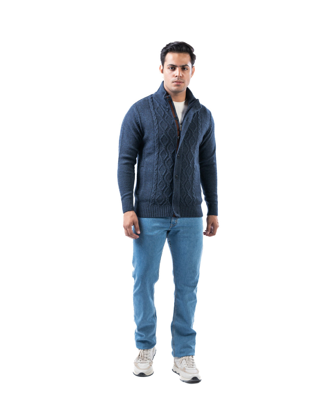 Men’s Blue Self-Design Acrowool Cardigan with Suede-Lined Placket