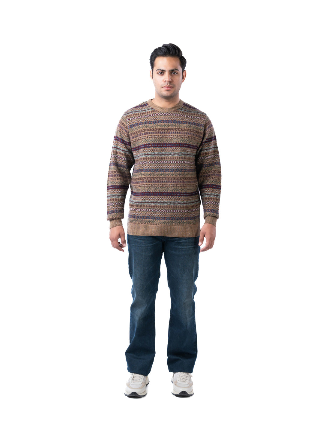 Men’s Brown Lambswool Aztec Pullover with Suede Elbow Patches