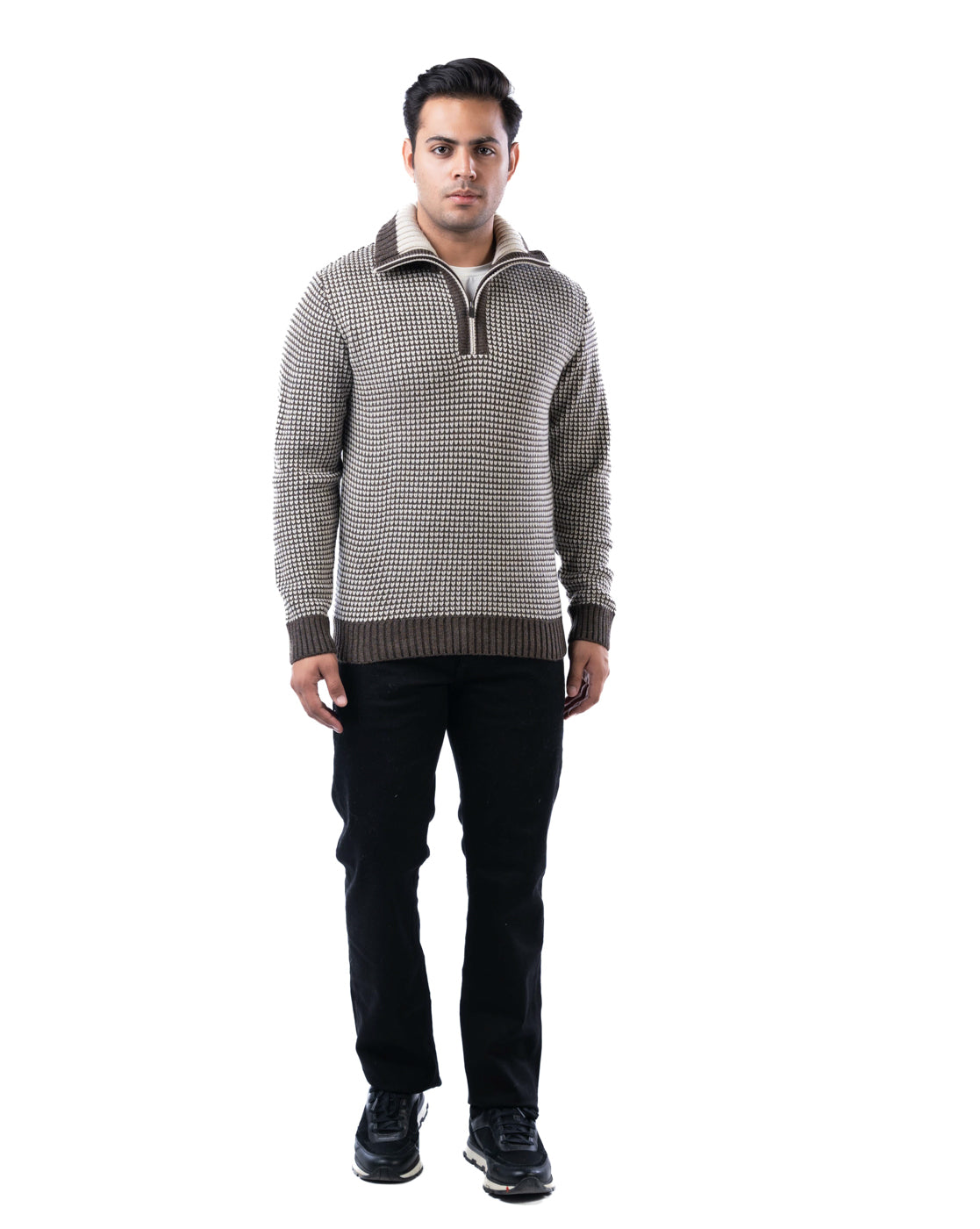 Men’s Brown Textured Acrowool Pullover with Half Zipper Placket