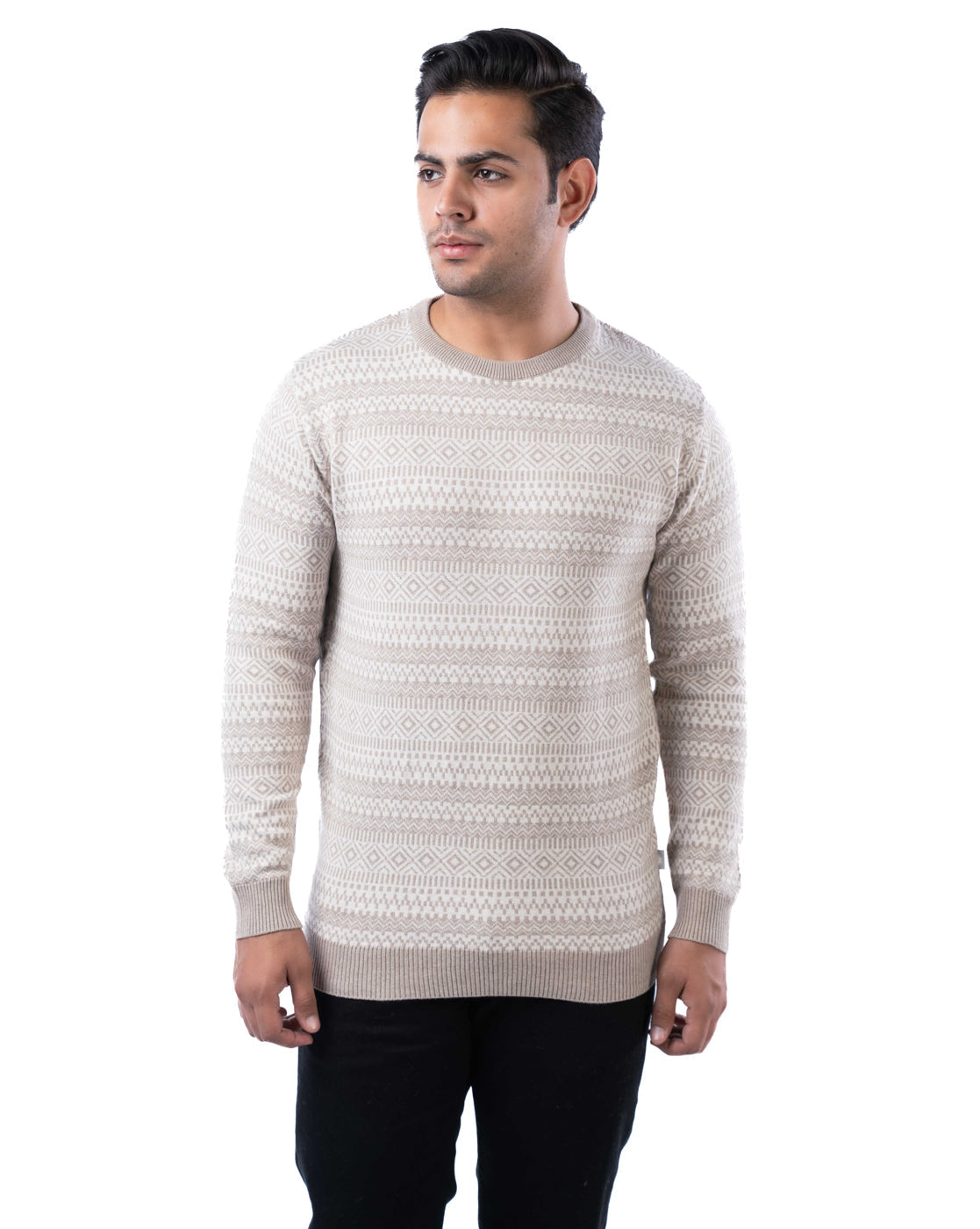 Men’s Copper Aztec Jacquard Knit Cotton Pullover with Crew Neck and Side Loop Label