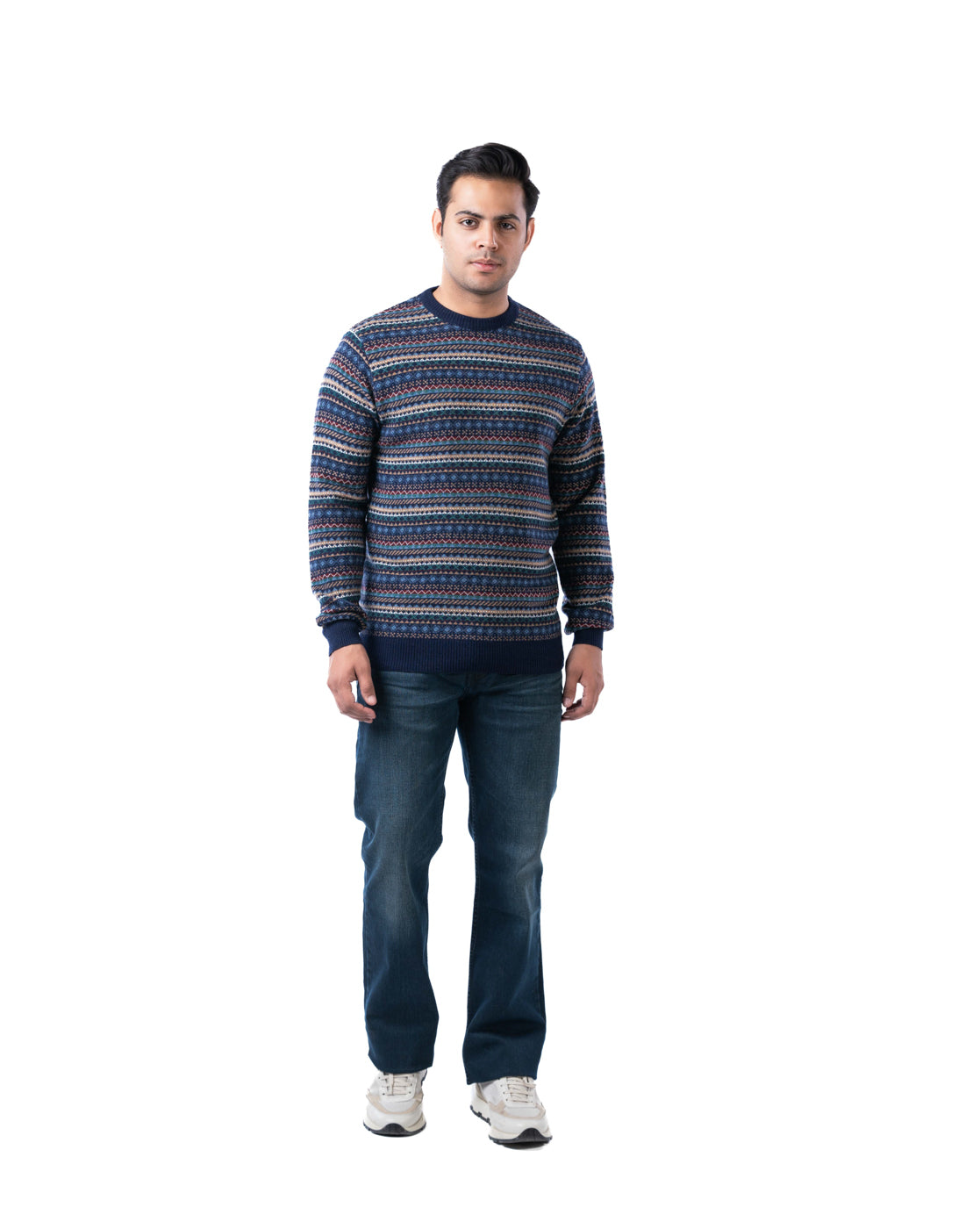 Men’s Dark Blue Lambswool Aztec Pullover with Multicolour Knit