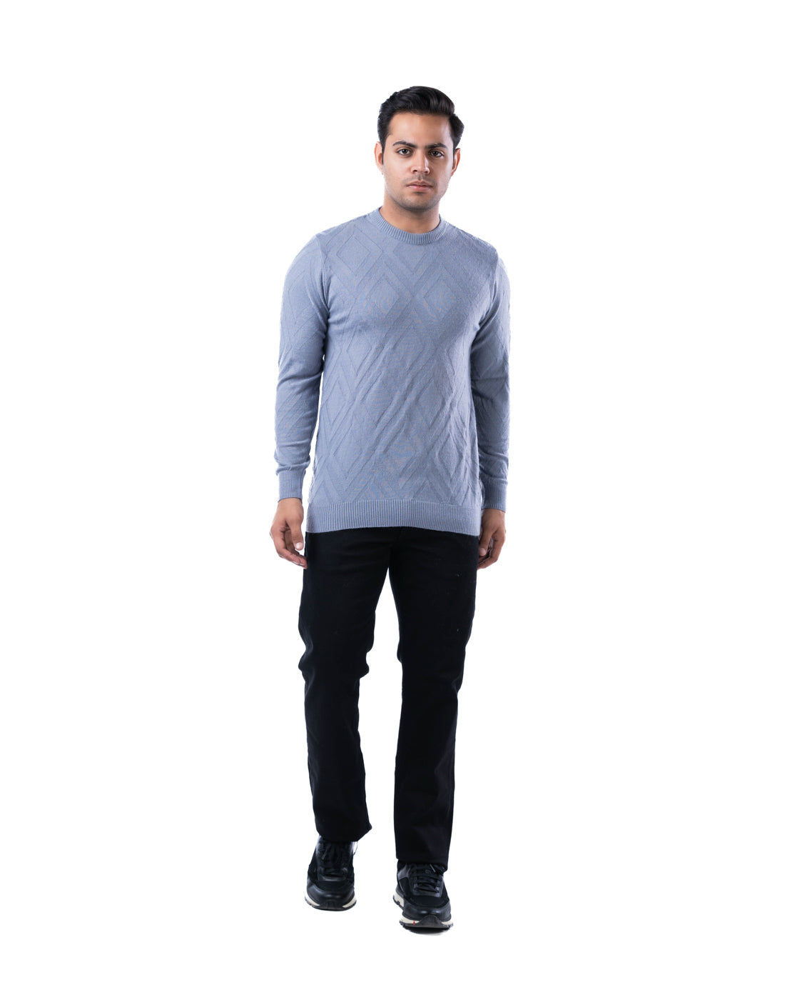 Men’s Dark Blue Tuck Knit Pullover in Blended Polyamide Yarn with Crew Neck and Side Loop Label