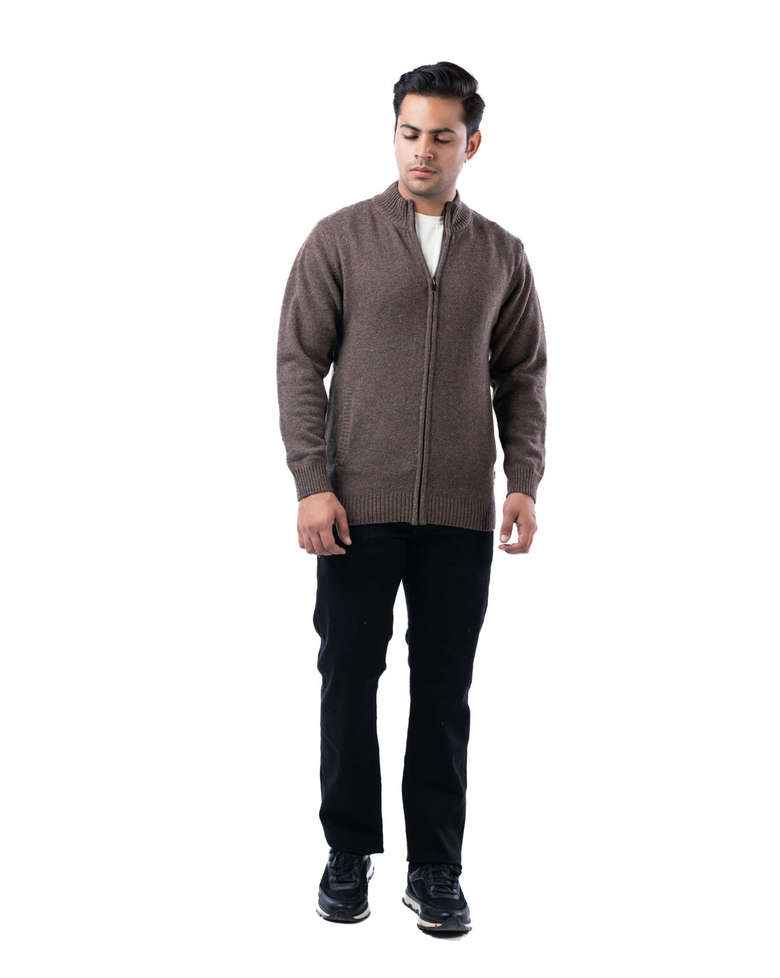 Men’s Dark Brown Lambswool Zipper Cardigan with Ribbed Pockets