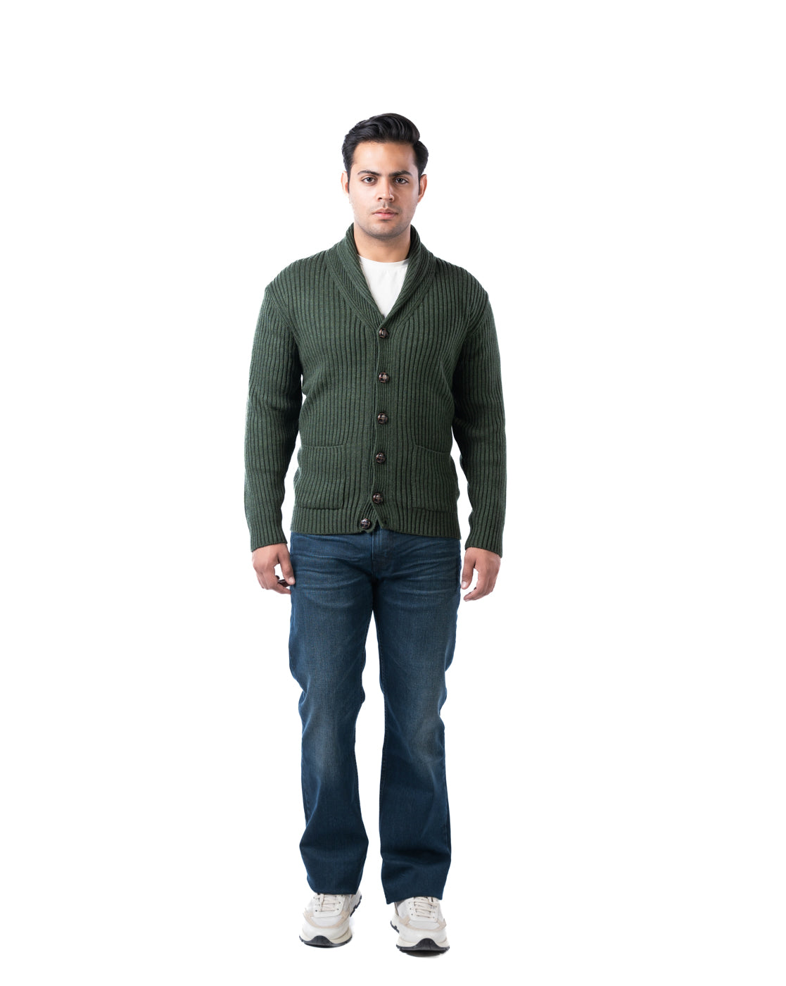 Men’s Dark Green Acrowool Shawl Collar Pullover with Button Placket & Patch Pockets