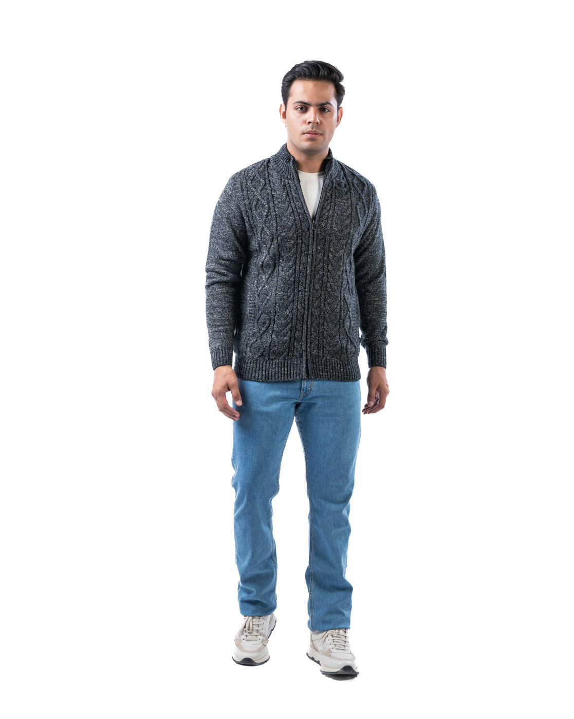 Men’s Dark Multicolor Polyamide Cardigan with Zipper Closure and Side Pockets