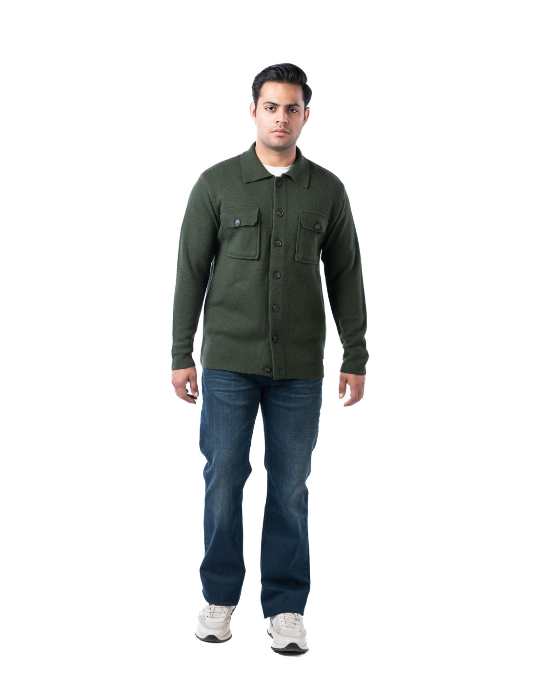 Men’s Dark Olive Button-Up Cardigan with Chest Flap Pockets