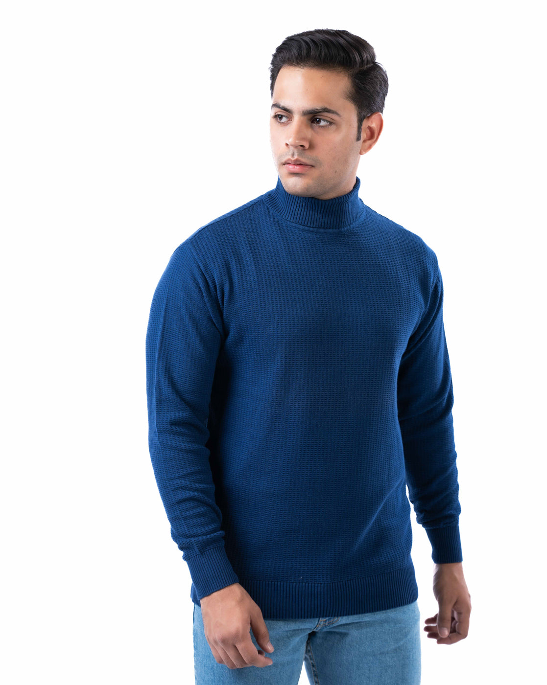 Men’s Indigo Waffle Knit Cotton High Neck Sweater