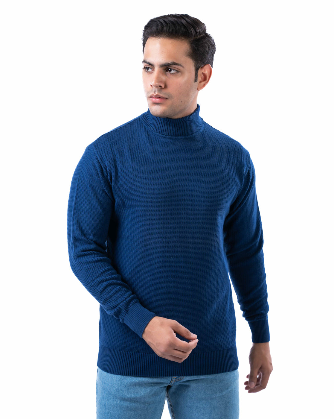 Men’s Indigo Waffle Knit Cotton High Neck Sweater