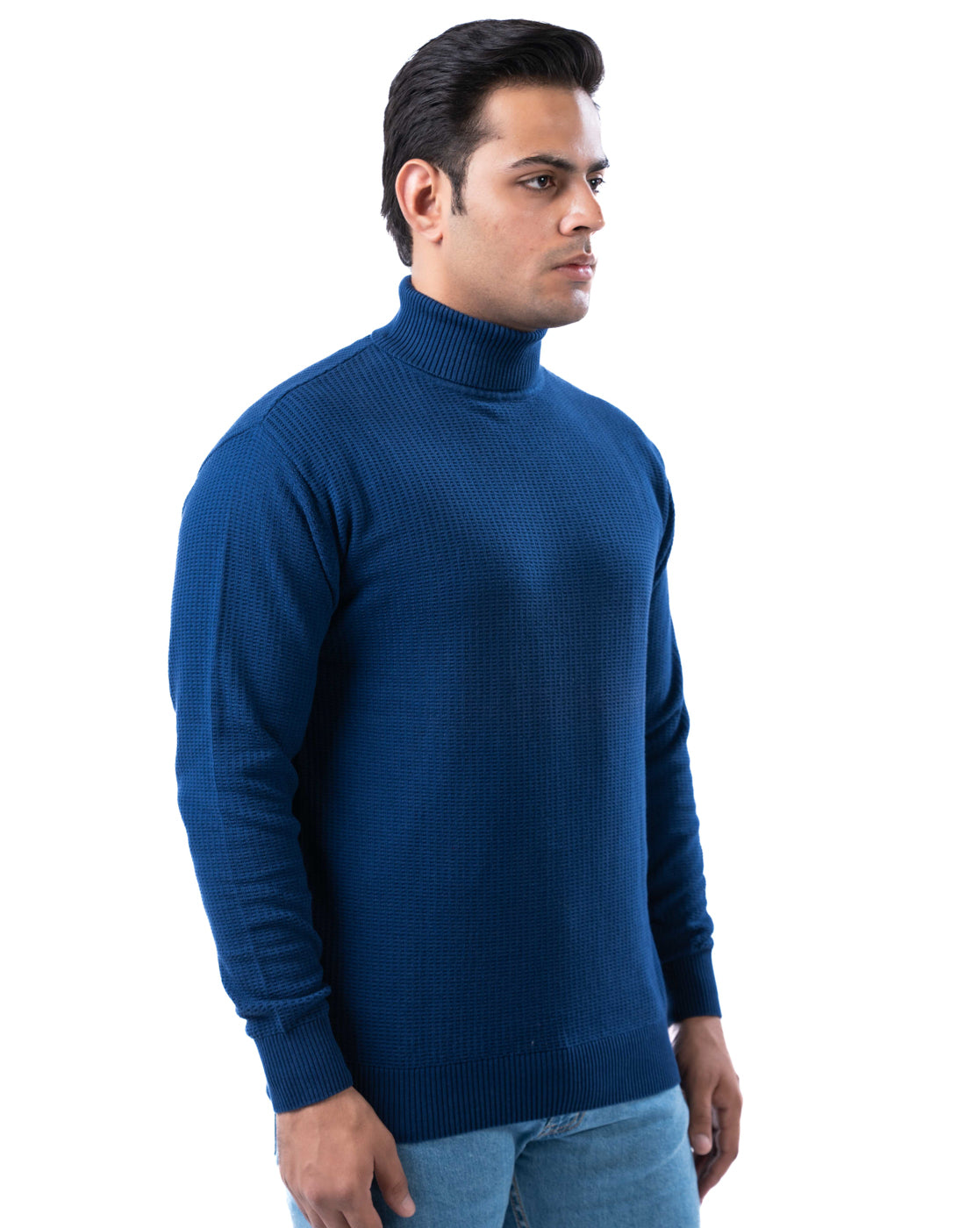 Men’s Indigo Waffle Knit Cotton High Neck Sweater